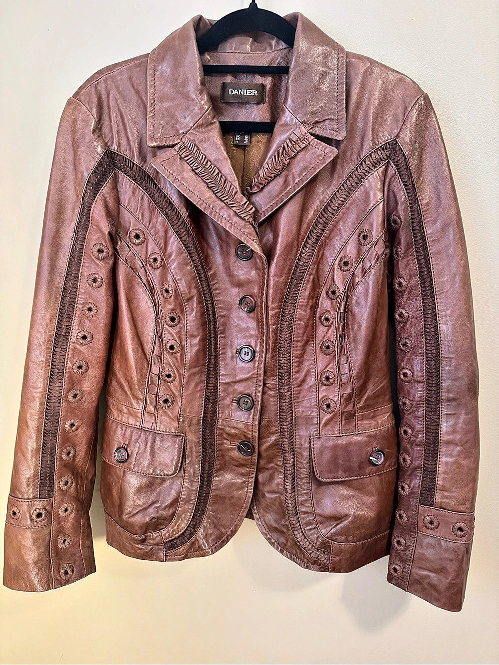 DANIER Genuine Leather Brown Embroidered Whipstitch Blazer Jacket SMALL S